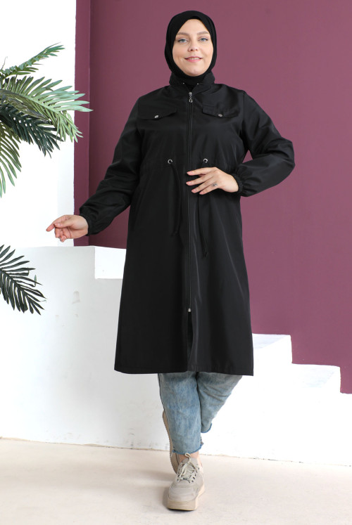 Plus Size Ornamental Pockets Trench coat TSD230504 Black