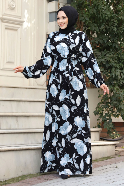 Big Patterned With Flowers waisted Belted Hijab Dress TSD240323