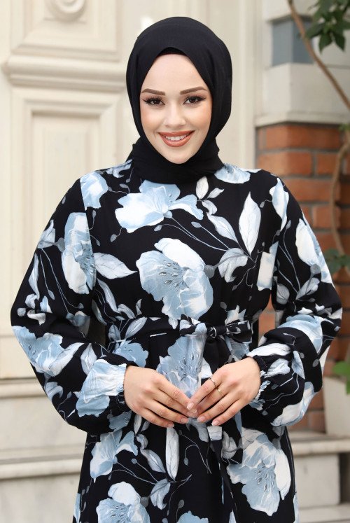 Big Patterned With Flowers waisted Belted Hijab Dress TSD240323