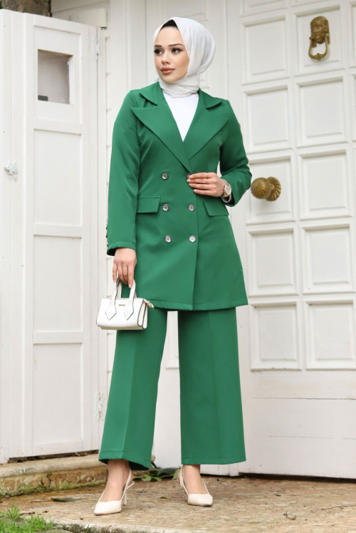 pocket Kapaklı Double Breasted Collar jacketed Suit TSD240231 Emerald Green