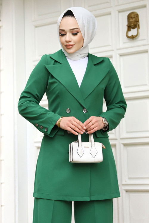 pocket Kapaklı Double Breasted Collar jacketed Suit TSD240231 Emerald Green