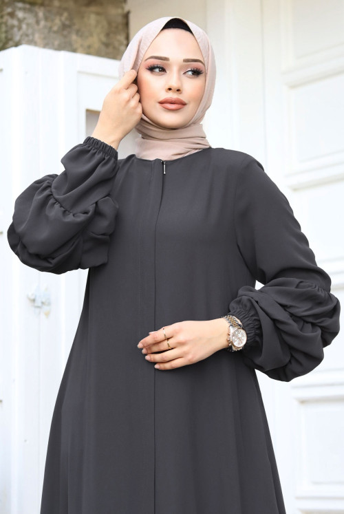 Double Balloon Arm Detailed skirt baggy Hijab Abayas TSD240247 Antrasit