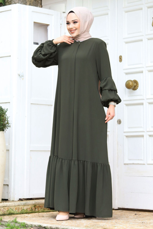 Double Balloon Arm Detailed skirt baggy Hijab Abayas TSD240247 Khaki