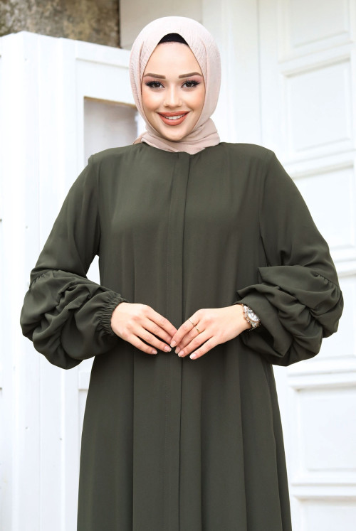 Double Balloon Arm Detailed skirt baggy Hijab Abayas TSD240247 Khaki