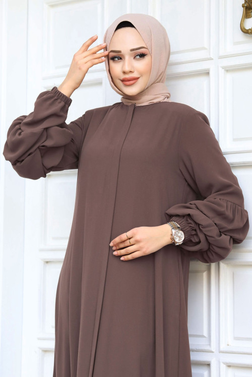 Double Balloon Arm Detailed skirt baggy Hijab Abayas TSD240247 Brown