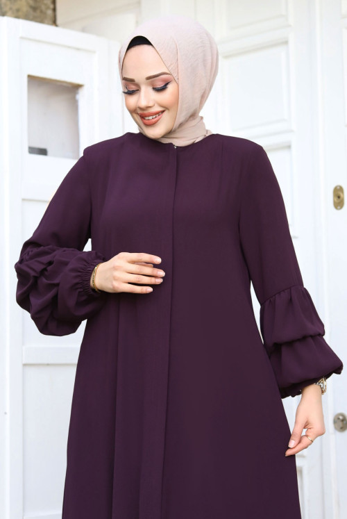 Double Balloon Arm Detailed skirt baggy Hijab Abayas TSD240247 Damson