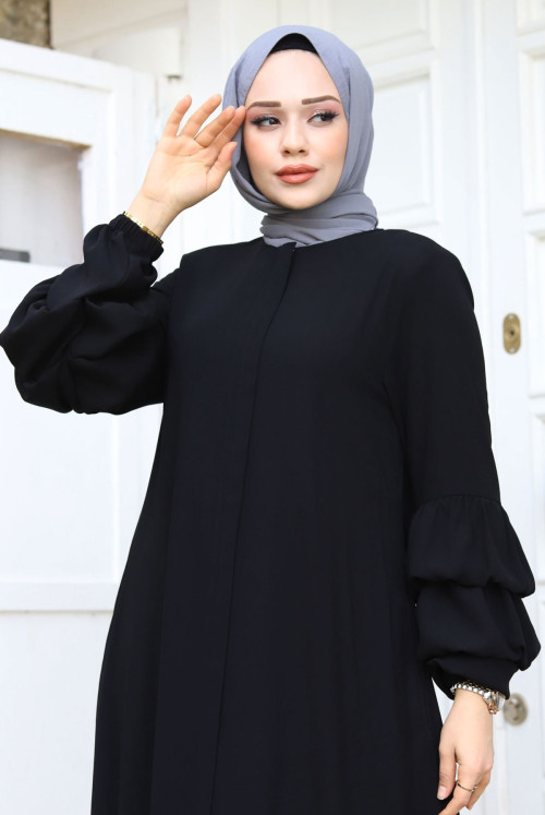 Double Balloon Arm Detailed skirt baggy Hijab Abayas TSD240247 Black