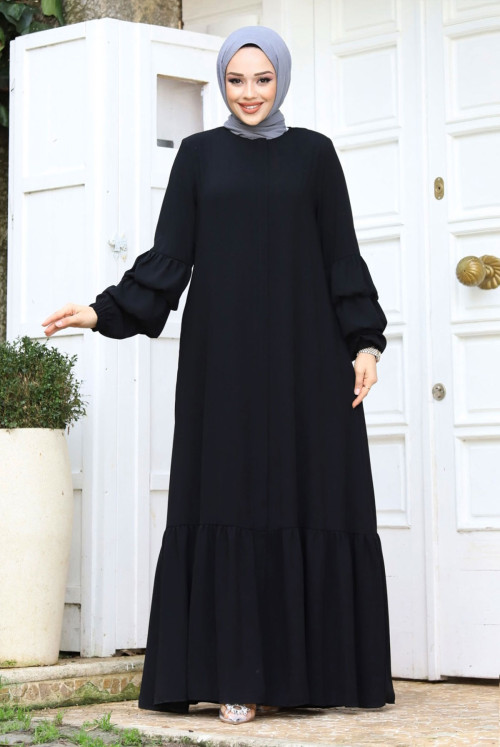 Double Balloon Arm Detailed skirt baggy Hijab Abayas TSD240247 Black