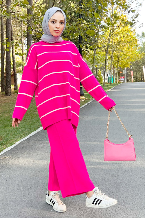 Striped Knitwear Suit TSD220905 Hot pink