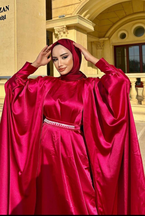 Two pieces red satin abaya lnd9