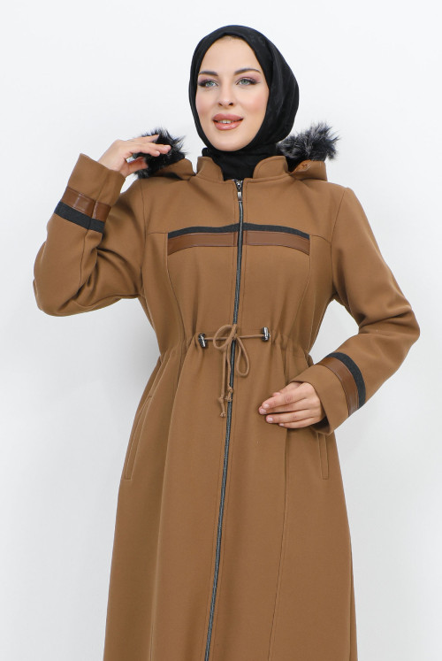 Leather Detailed from end Zipped Stamping fabric Coat TSD231116 Camel