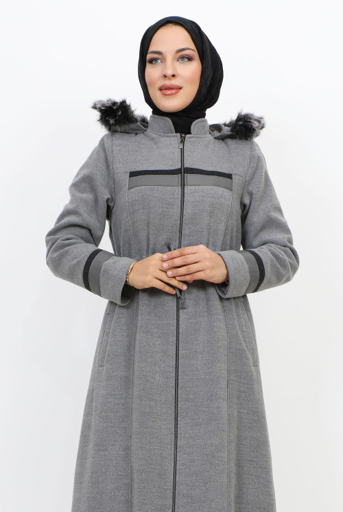 Leather Detailed from end Zipped Stamping fabric Coat TSD231116 Grey