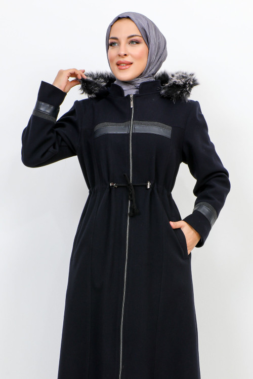 Leather Detailed from end Zipped Stamping fabric Coat TSD231116 Navy blue