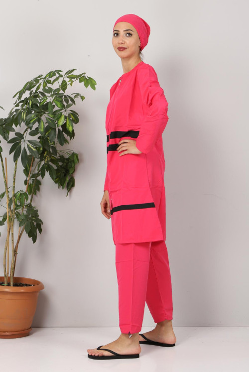 skirt Stripe Hijab Swimsuit TSD8801 Hot pink - Black