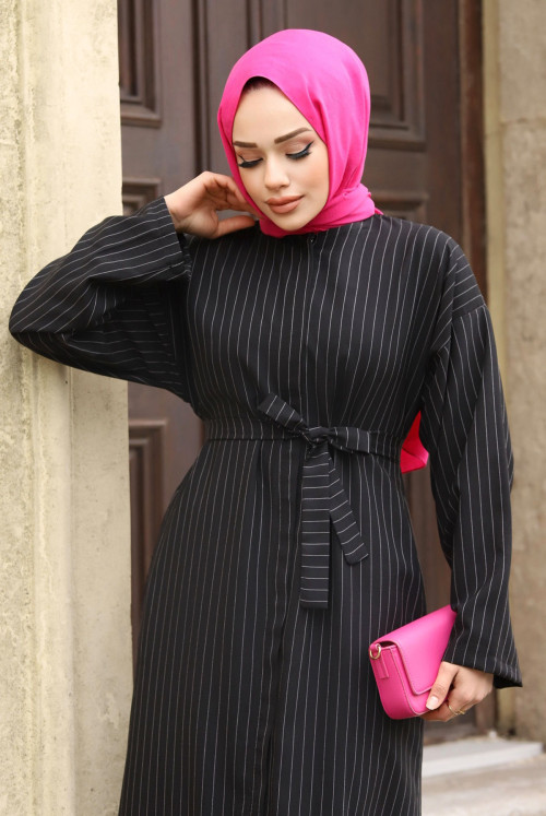 Hidden Zipped Striped Belted Abayas TSD240202 Black