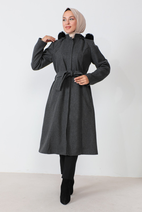 Hidden Zipped Belted Stamping fabric Coat TSD230813 Antrasit