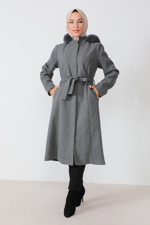 Hidden Zipped Belted Stamping fabric Coat TSD230813 Grey