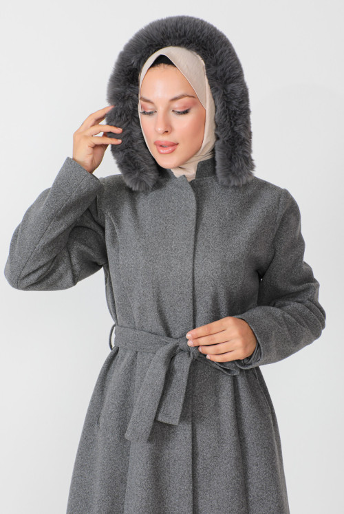 Hidden Zipped Belted Stamping fabric Coat TSD230813 Grey
