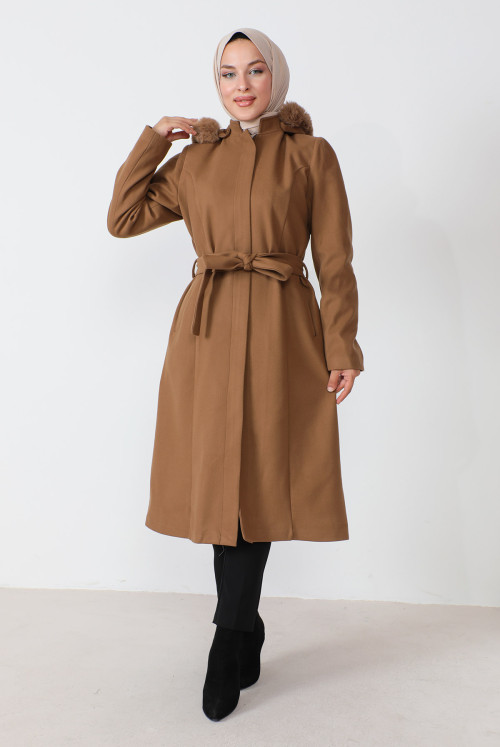 Hidden Zipped Belted Stamping fabric Coat TSD230813 Taba