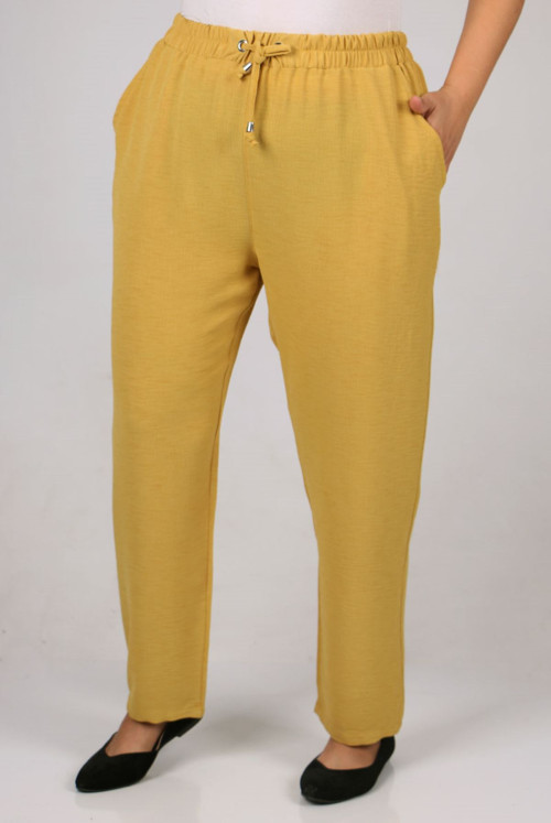 9169 Plus Size Elastic Moskino Narrow Trotter Pants - Mustard