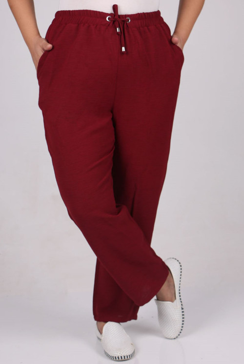 9169 Plus Size Elastic Moskino Narrow Trotter Pants - Claret Red