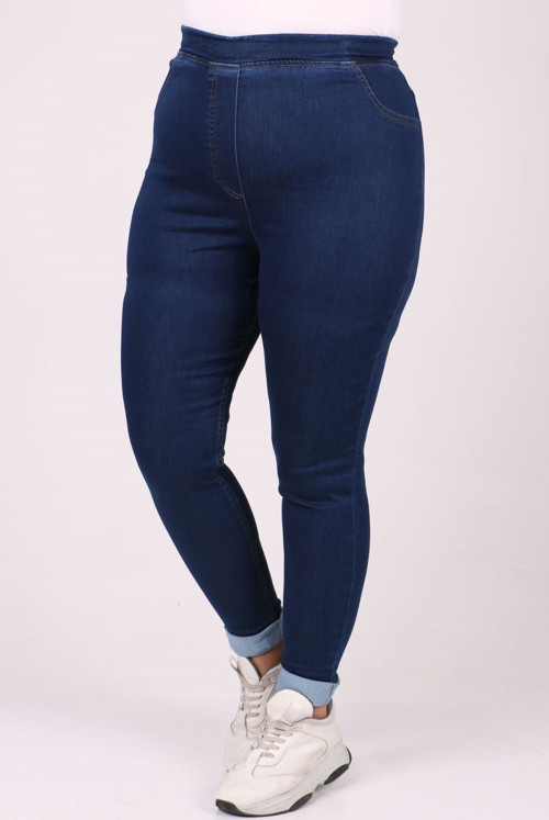 9187 Plus Size waisted Elastic Thick Double Trotter Jeans Pants - Navy blue