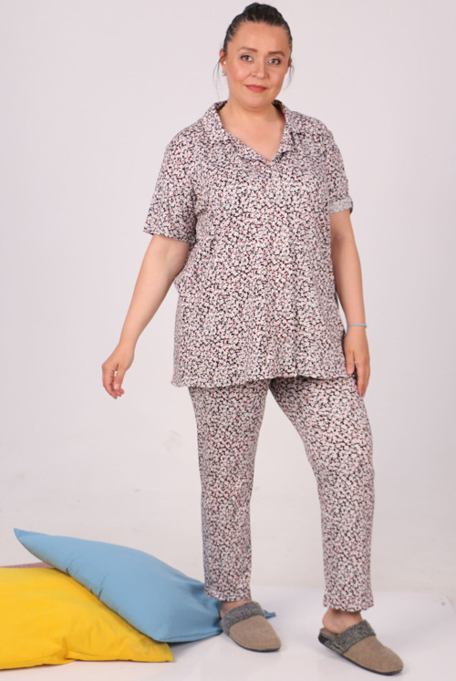 37801 Plus Size Patterned Penye Pyjamas suit - Black