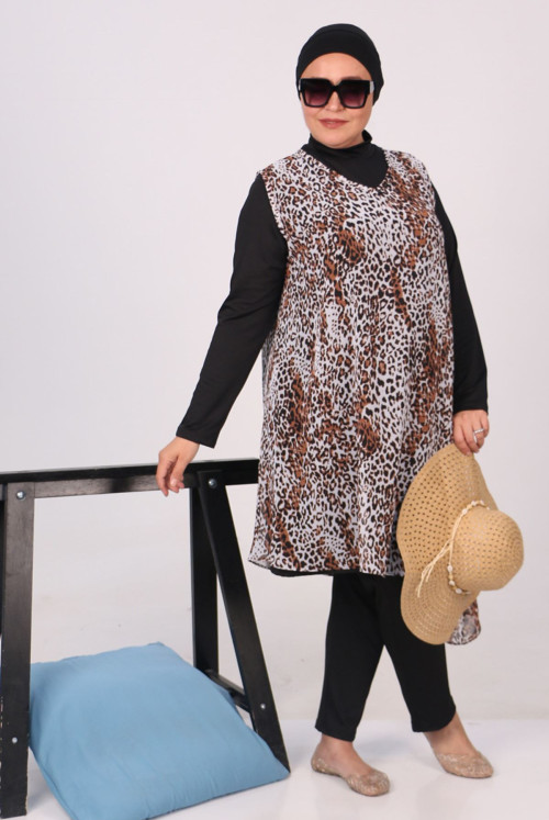 1723 Plus Size Long Arm Şifon Pareolu Hijab Swimsuit Suit -Leopard