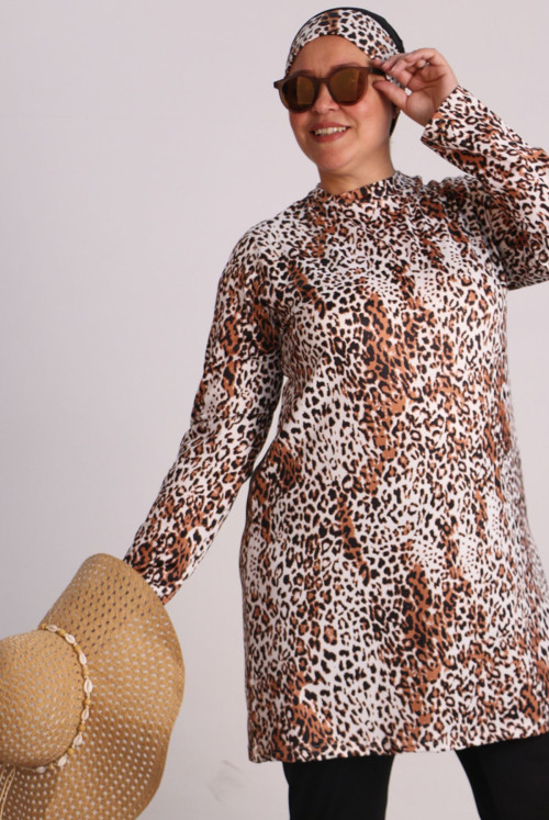 1711 Plus Size Long Arm Hijab Swimsuit Suit - Leopard