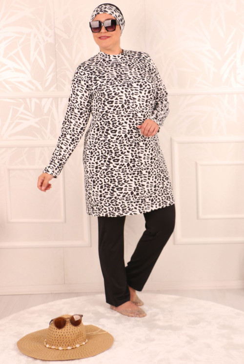 1711 Plus Size Long Arm Hijab Swimsuit Suit - Black Leopard