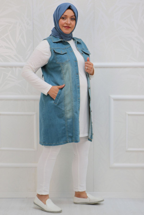 34003-1 Plus Size Taşlamalı Tırnaklı Jeans Vest - Soğuk Blue