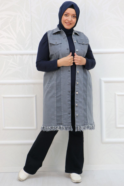 34004 Plus Size Tasseled Jeans Vest - Grey