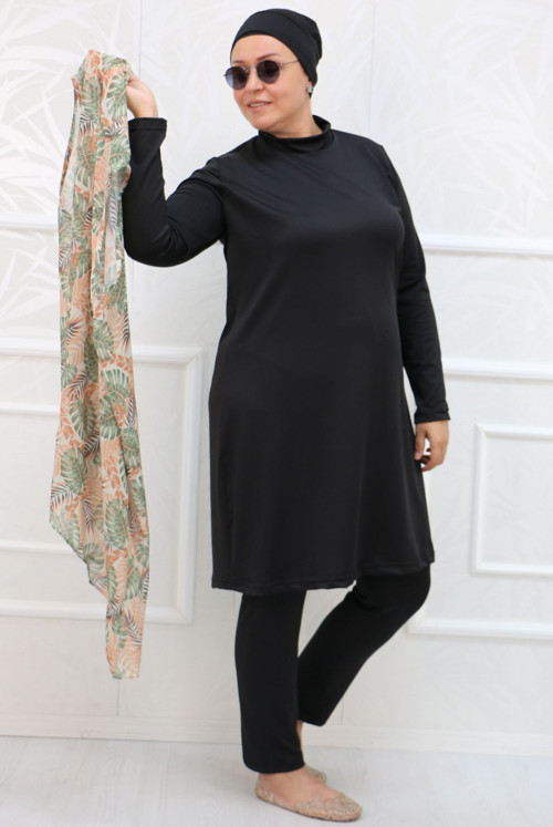 1723 Plus Size Long Arm Şifon Pareolu Hijab Swimsuit Suit -Khaki Yapraklı