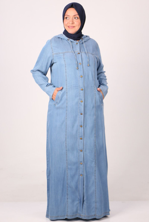 26007 Plus Size Button Jeans Abayas -Buz Blue