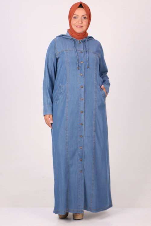 26007 Plus Size Button Jeans Abayas -Blue