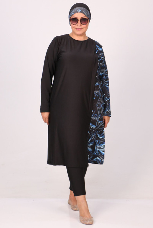 1725 Plus Size Long Arm Taytlı Hijab Swimsuit Suit - Blue