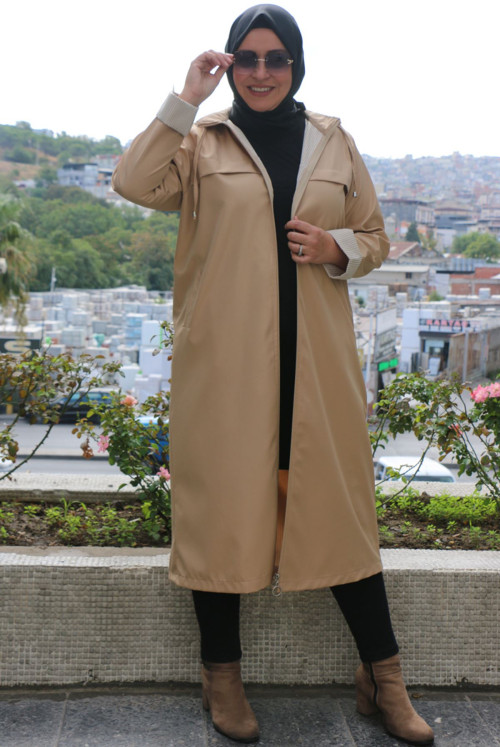 33068 Plus Size detachable Hooded Bondit Women-Jackets-Beige