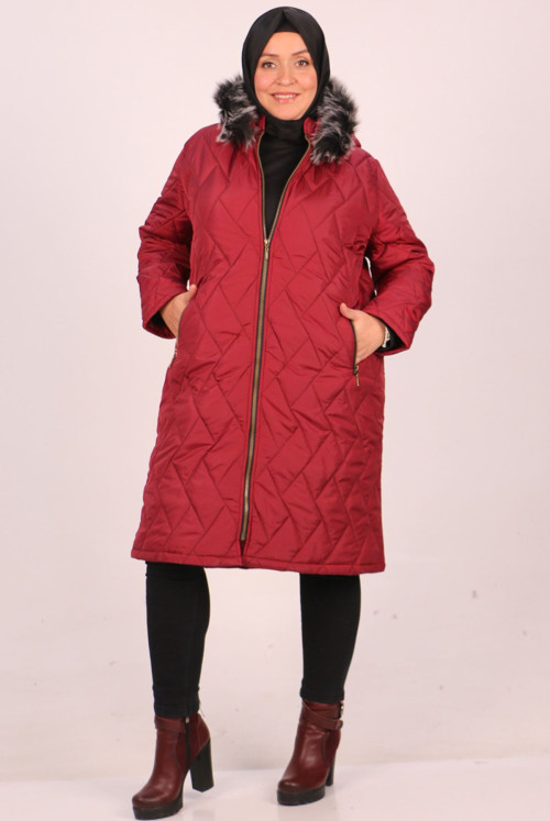 33037  Plus Size detachable Hooded Kapitone Jacket-Claret Red