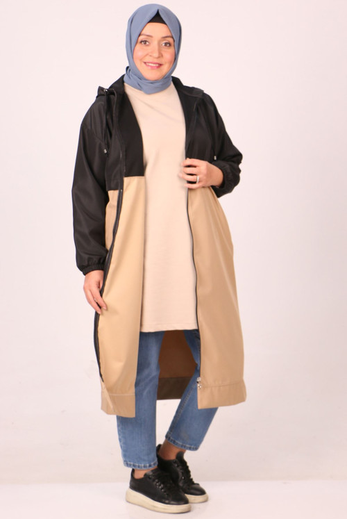 33065 Plus Size Bondit Double Color Trench coat-Black-Mink