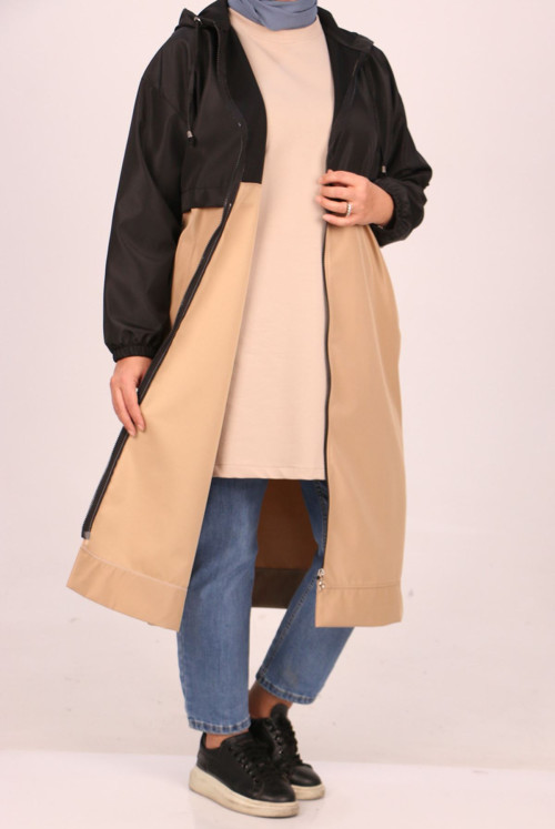 33065 Plus Size Bondit Double Color Trench coat-Black-Mink