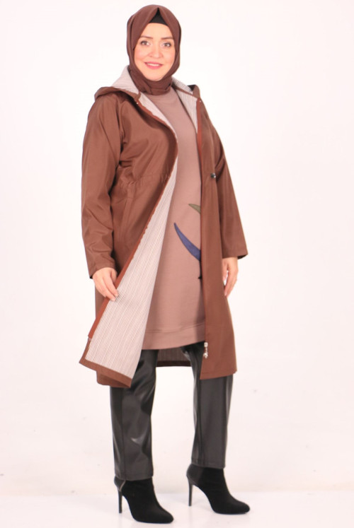 33055 Plus Size Zipped Bondit Women-Jackets-Brown