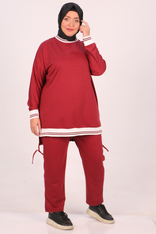 37041 Plus Size Ribanalı Two Yarn Netting Track suit suit-Claret Red