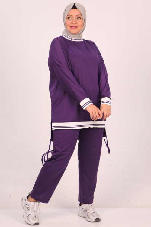 37041 Plus Size Ribanalı Two Yarn Netting Track suit suit-Purple
