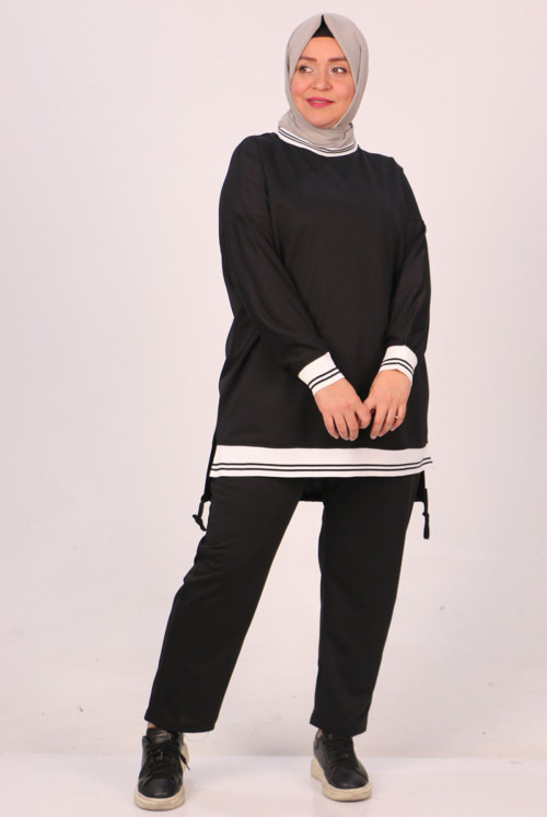 37041 Plus Size Ribanalı Two Yarn Netting Track suit suit-Black