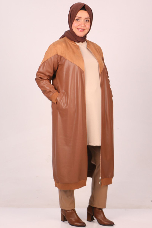 33073 Plus Size Nubuk-Leather Zipped Women-Jackets-Taba