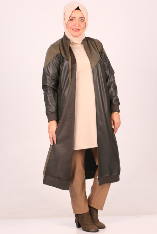33073 Plus Size Nubuk-Leather Zipped Women-Jackets-Khaki