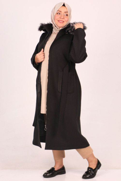33077 Plus Size detachable Hooded Stamping fabric Coat-Black