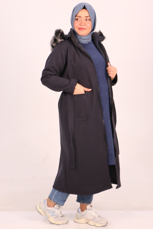 33077 Plus Size detachable Hooded Stamping fabric Coat-Navy blue