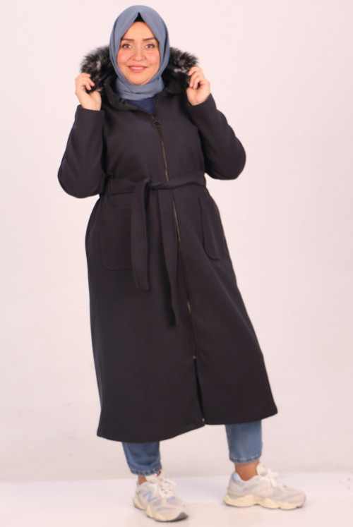 33077 Plus Size detachable Hooded Stamping fabric Coat-Navy blue