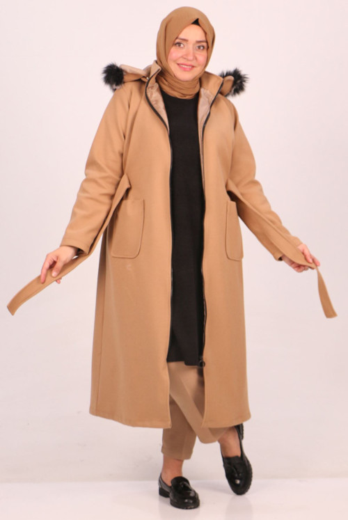 33077 Plus Size detachable Hooded Stamping fabric Coat-Mink